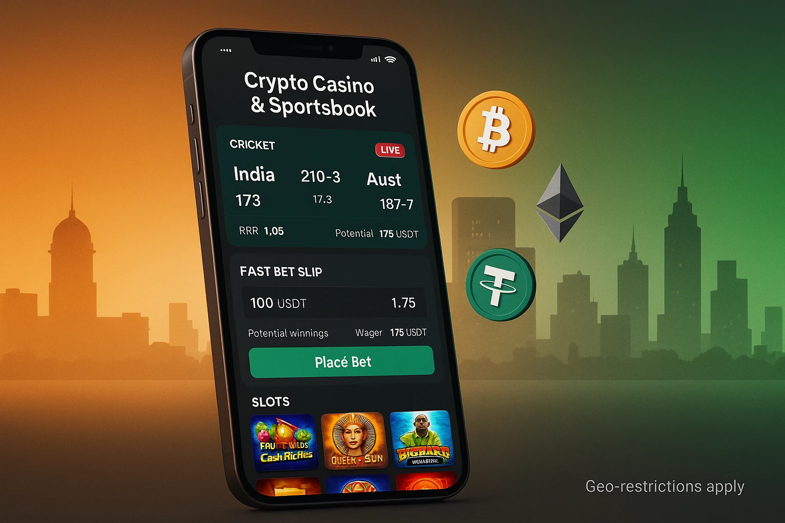 Stake app hero image for India showing crypto casino and cricket sportsbook with BTC ETH USDT and a geo-restrictions notice