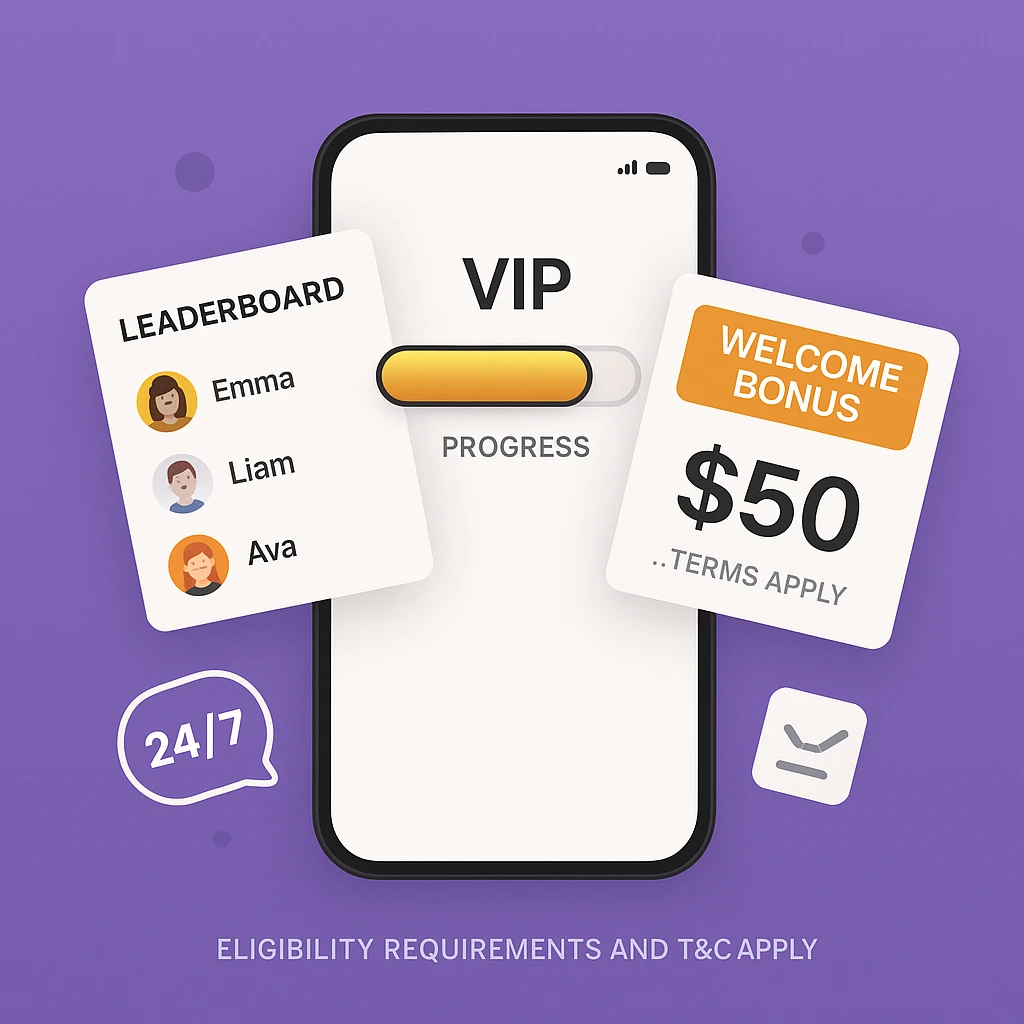 Stake app in India showcasing VIP rewards, leaderboards, and welcome bonus with terms and support access